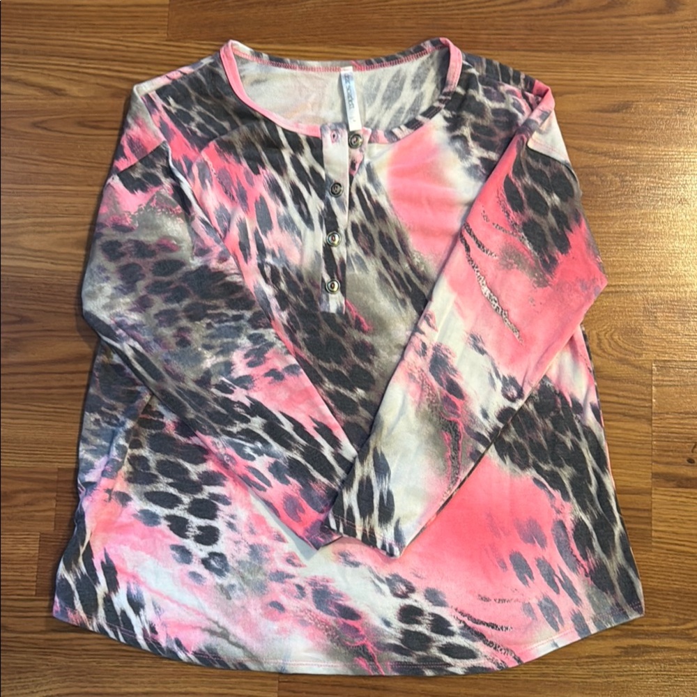 Scarlett Pink and Black Graphic Blouse with Mandarin Collar